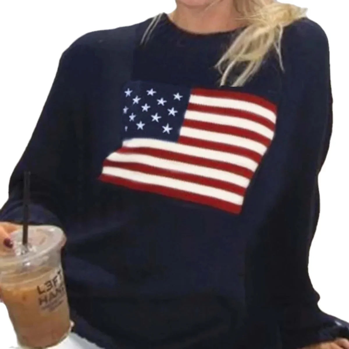 Women's crewneck jumper with American flag motif and ribbed trims