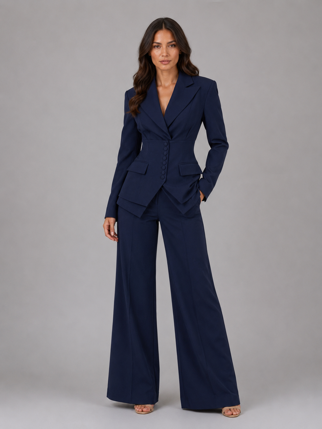 Women's tailored two-piece suit with cinched waist and wide-leg trousers