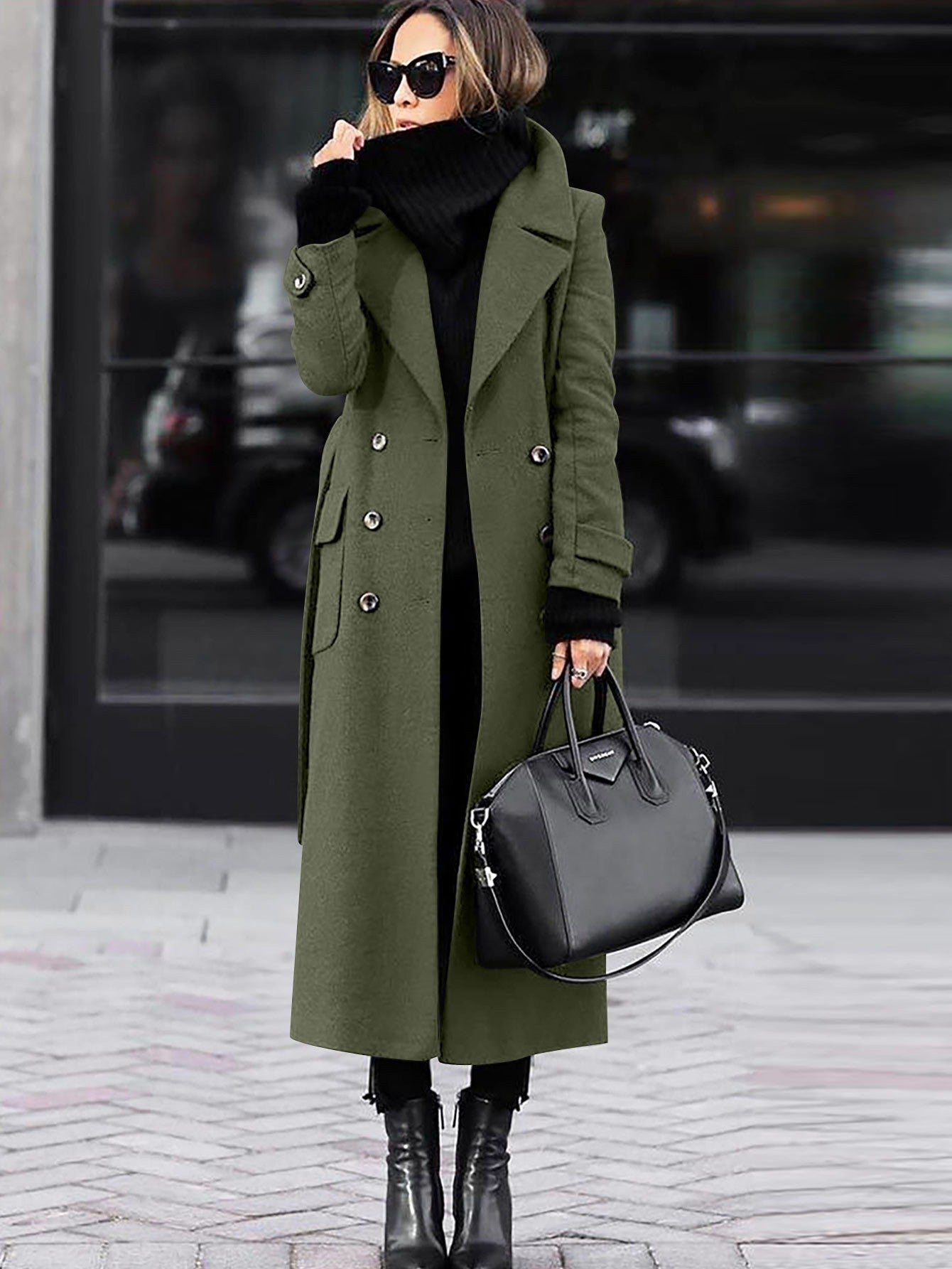 Women's Wool Coat Double-Breasted Maxi Length - Green
