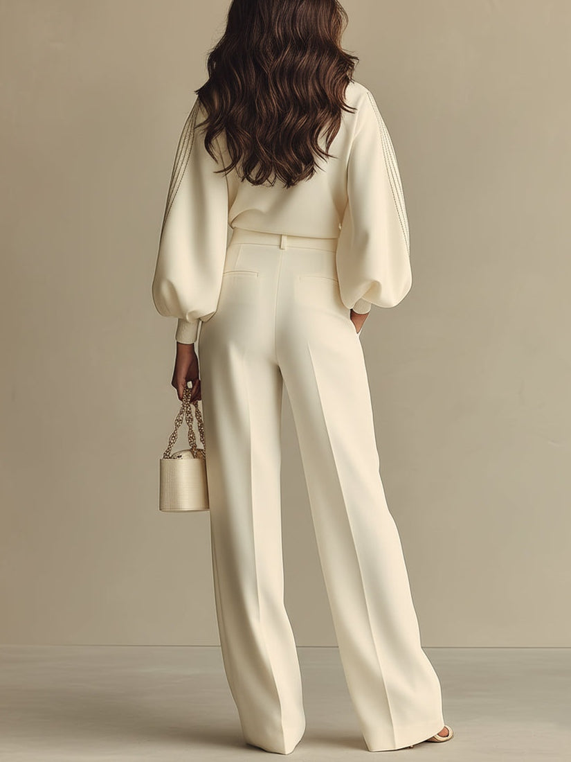 Women's ivory ribbed crew neck top and wide-leg trousers set