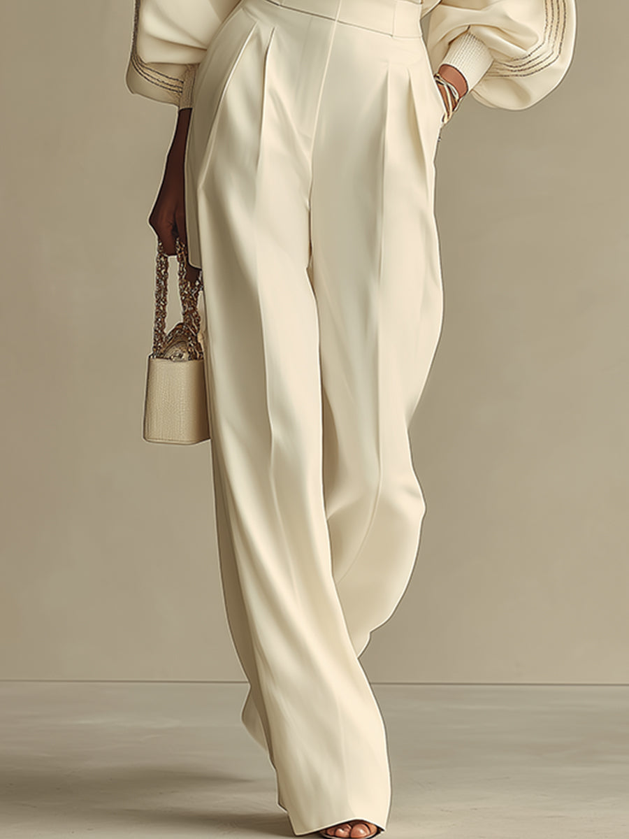 Women's ivory ribbed crew neck top and wide-leg trousers set