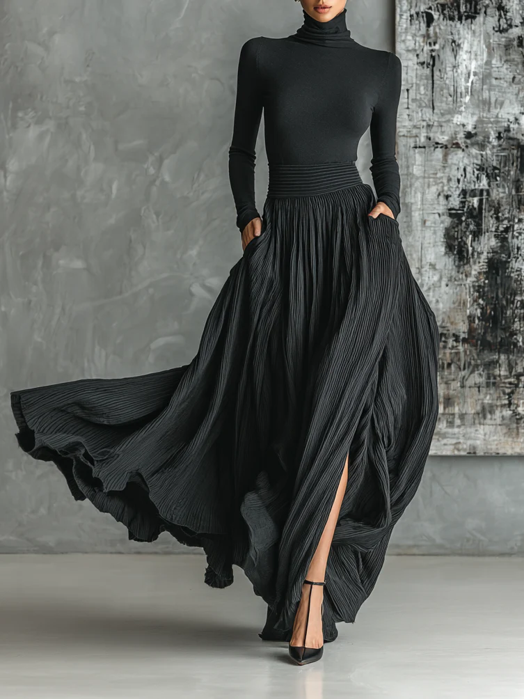 Women's long-sleeve turtleneck top and pleated maxi skirt set
