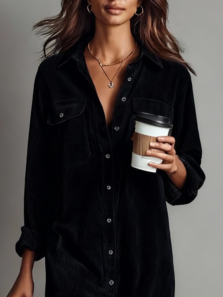 Women's corduroy shirt midi dress with long sleeves, chest pockets and front buttons