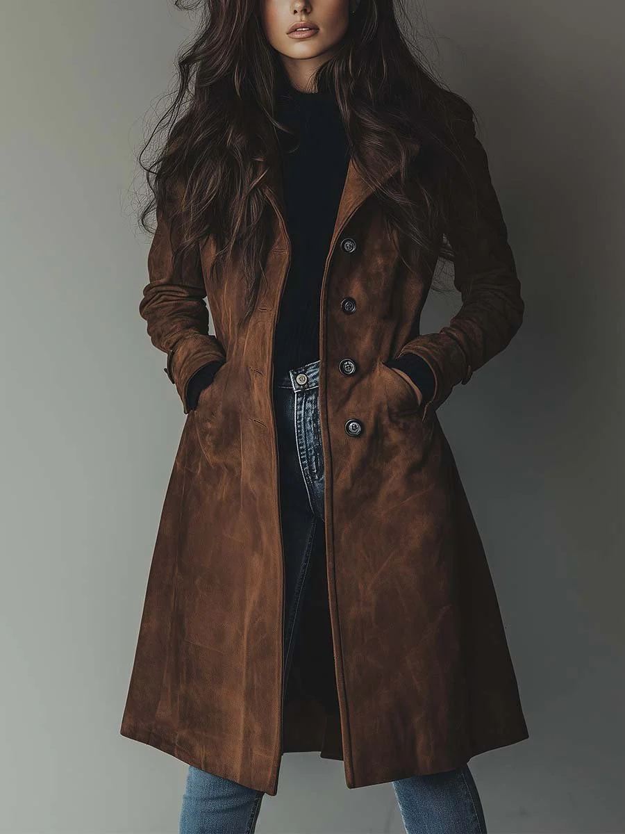 Women's long button-front trench coat with notched lapels and front pockets
