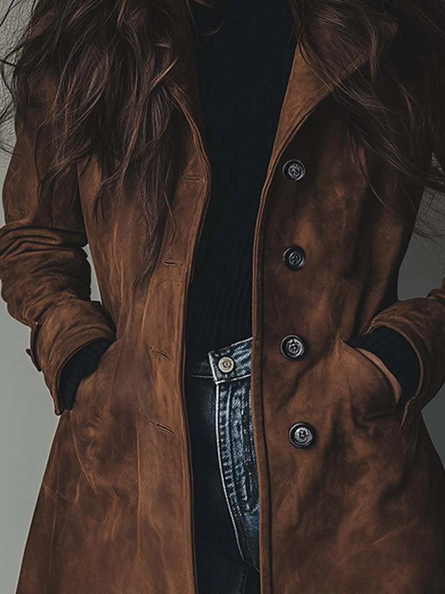 Women's long button-front trench coat with notched lapels and front pockets