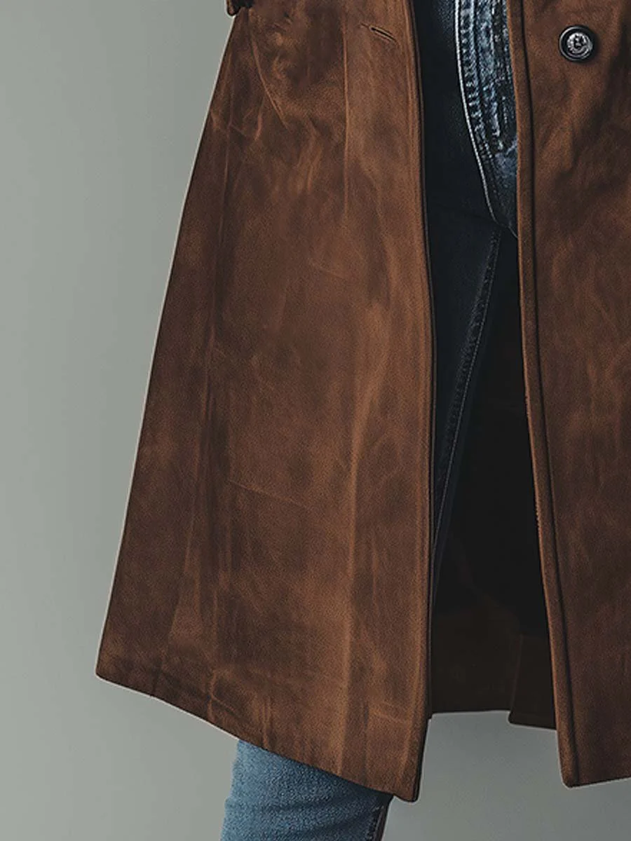 Women's long button-front trench coat with notched lapels and front pockets