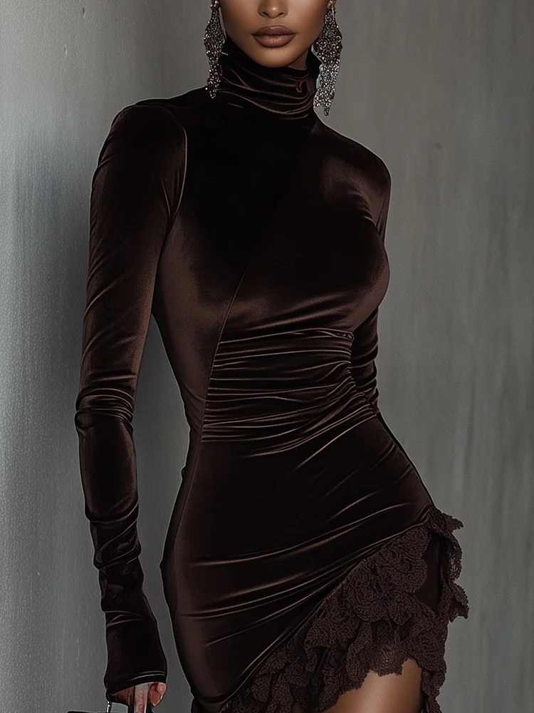 Women's brown fitted turtleneck mini dress with ruched waist and lace hem
