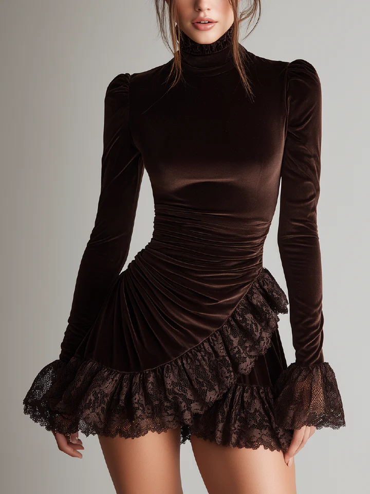 Women's brown velvet turtleneck mini dress with ruched waist and lace ruffle hem