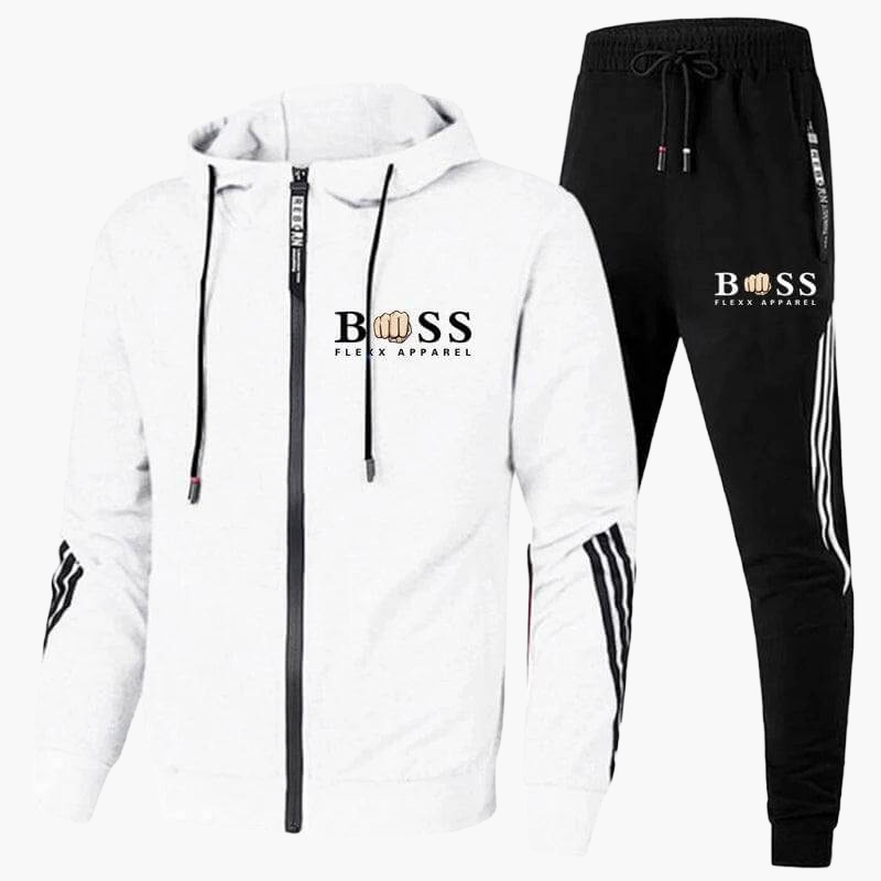 Men's hooded tracksuit set with zip jacket and striped jogger trousers