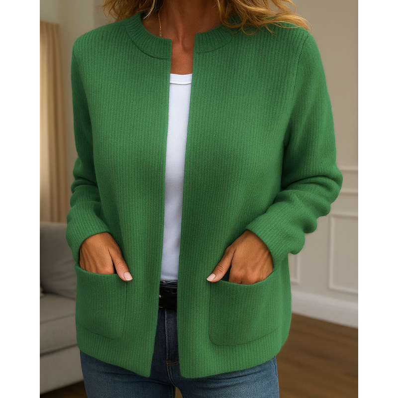 Women's ribbed knit cardigan with crew neck, zip front and patch pockets