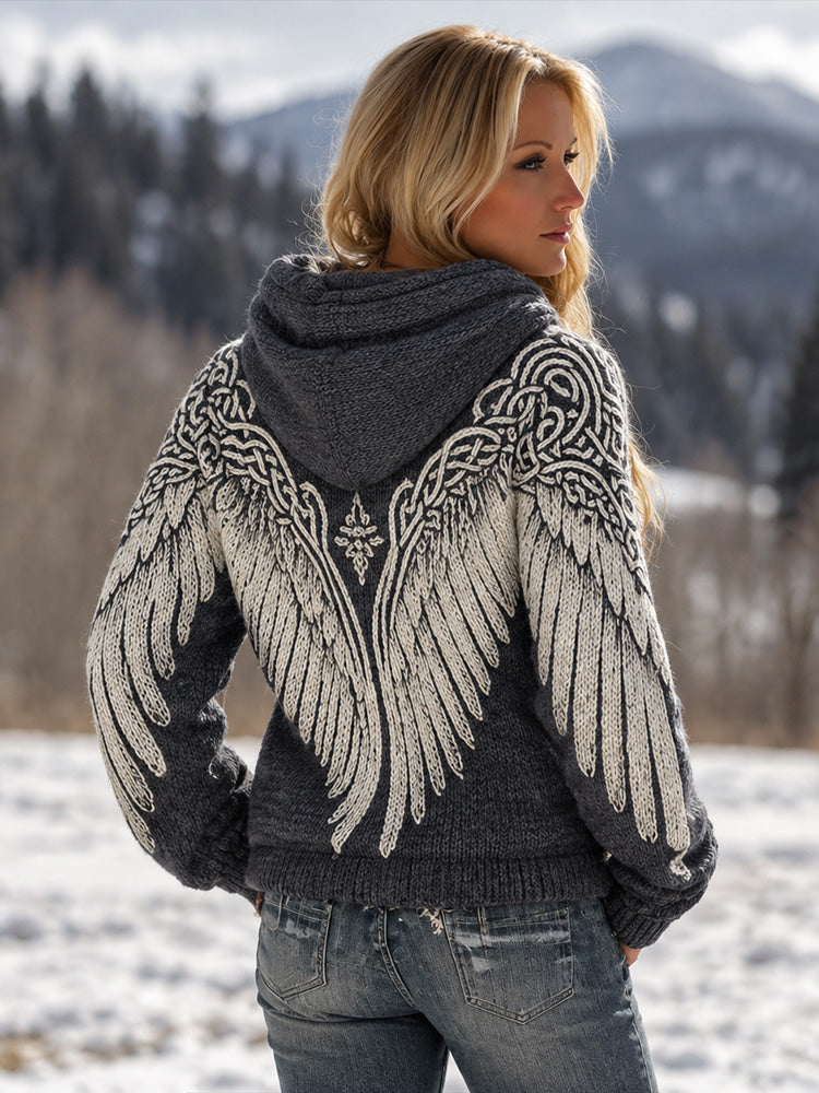Women's hooded jumper with wing and Celtic knot jacquard motif