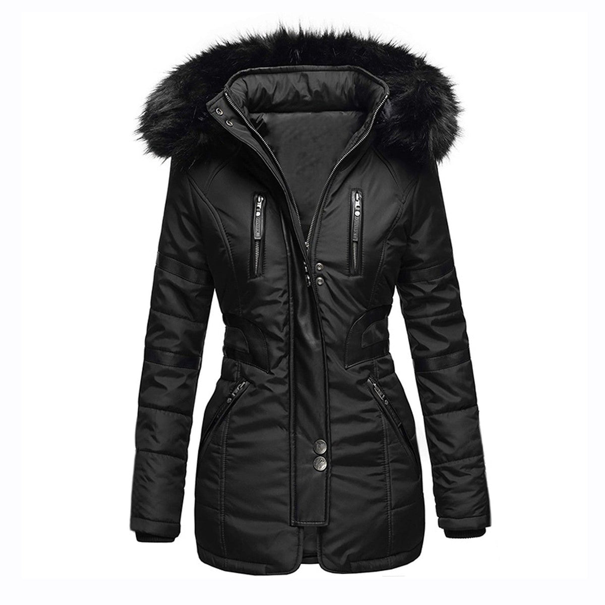 Women's hooded padded winter jacket with faux fur trim and multiple front pockets