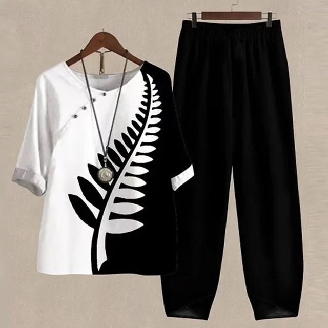 Women's two-piece set with short-sleeved patterned top and long trousers