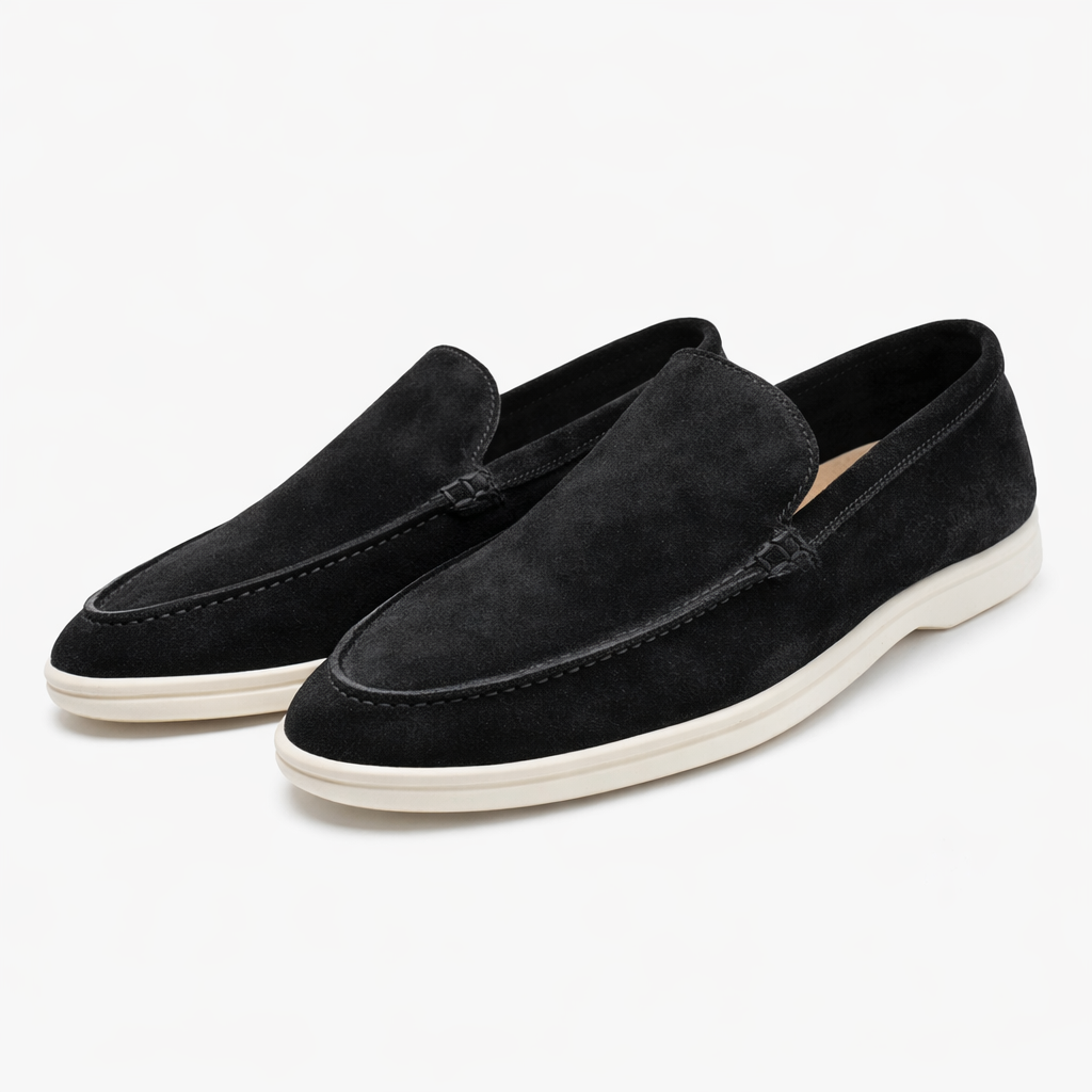 Men's moc toe slip-on loafers with stitched apron detail and low flat soles