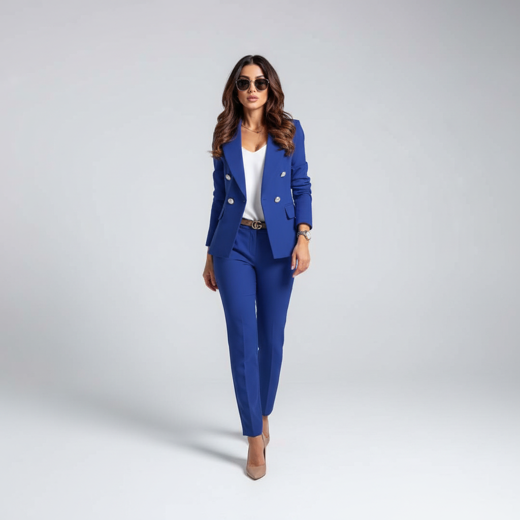 Woman wearing a tailored two-piece blazer and slim trouser suit set