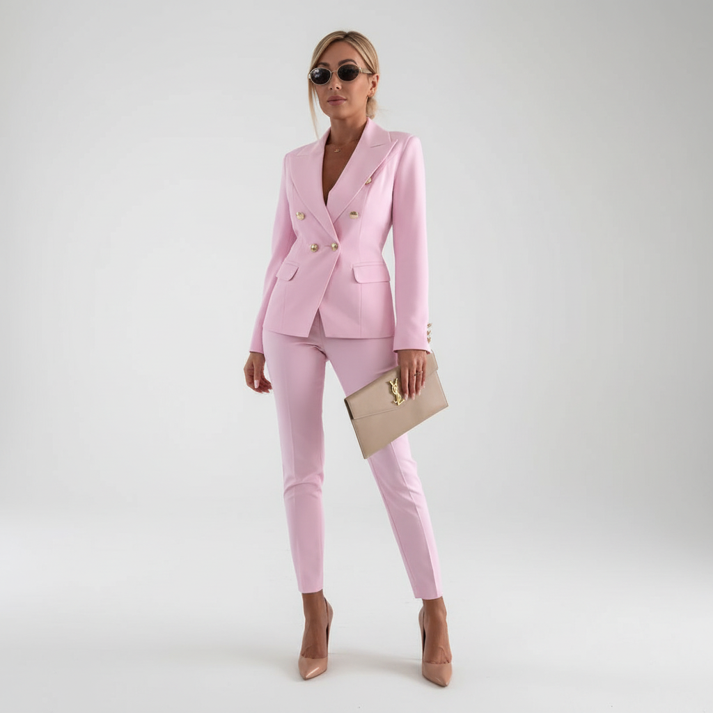 Woman wearing a tailored two-piece blazer and slim trouser suit set