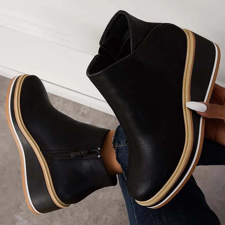 Women's ankle boots with side zip, rounded toe and high wedge platform