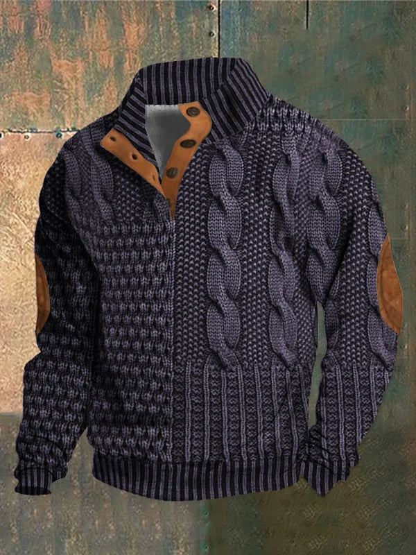 Men's textured cable knit jumper with mock neck, button placket and contrasting elbow patches