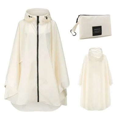 Patterned hooded rain poncho with zip front and wide sleeves