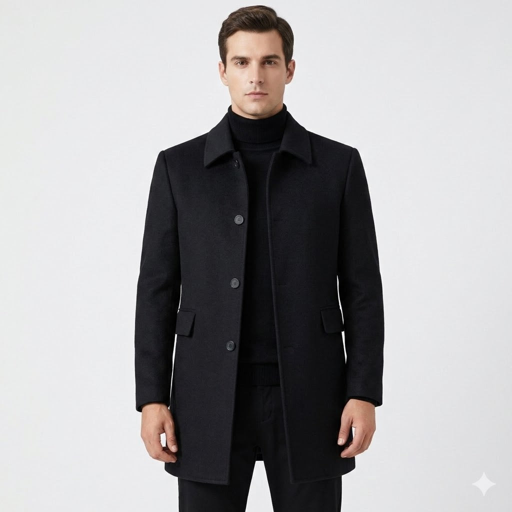 Men's long button-front overcoat with notched collar and flap pockets