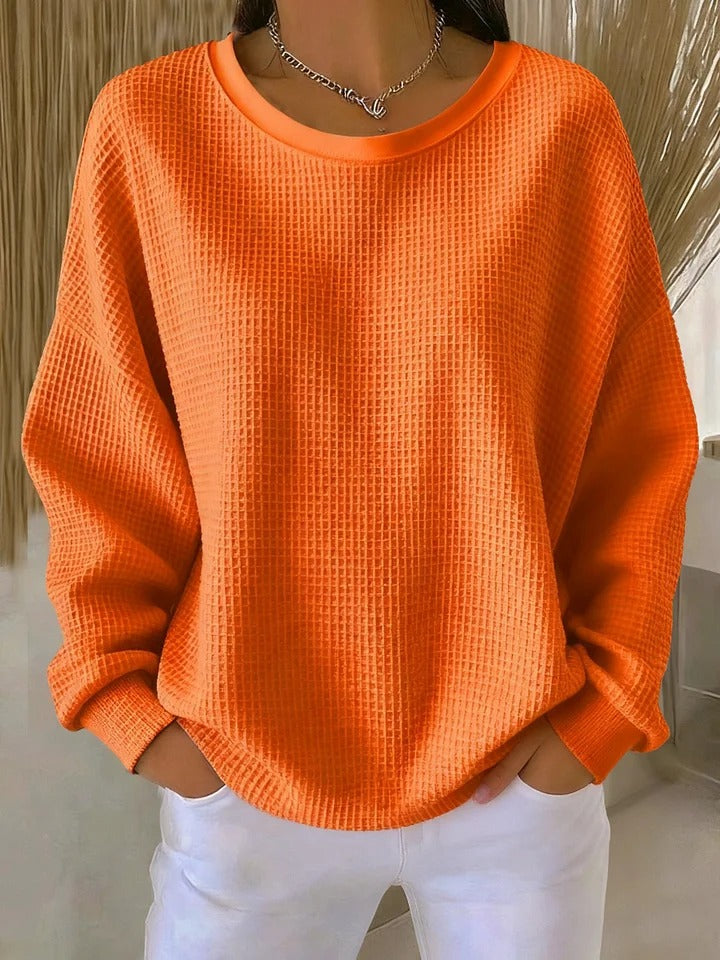 Women's long-sleeve waffle-knit crew-neck jumper with ribbed trims