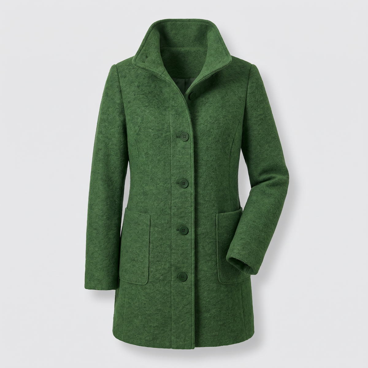 Women's longline coat with raised collar, button front and patch pockets