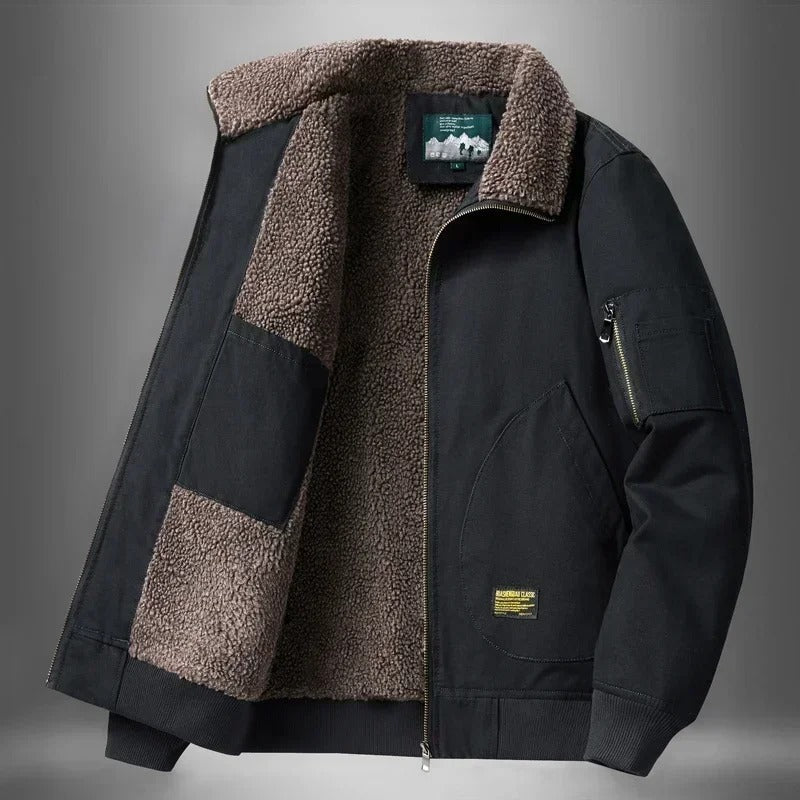Men's Sherpa-Lined Jacket Cotton Fleece Collar - Black