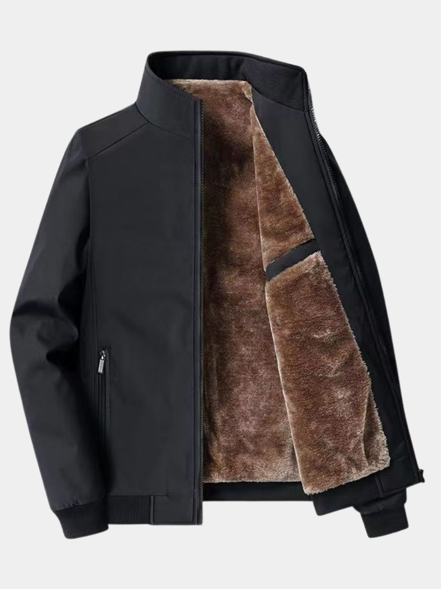 Men's plain stand collar jacket with fleece-style lining and zipped pockets