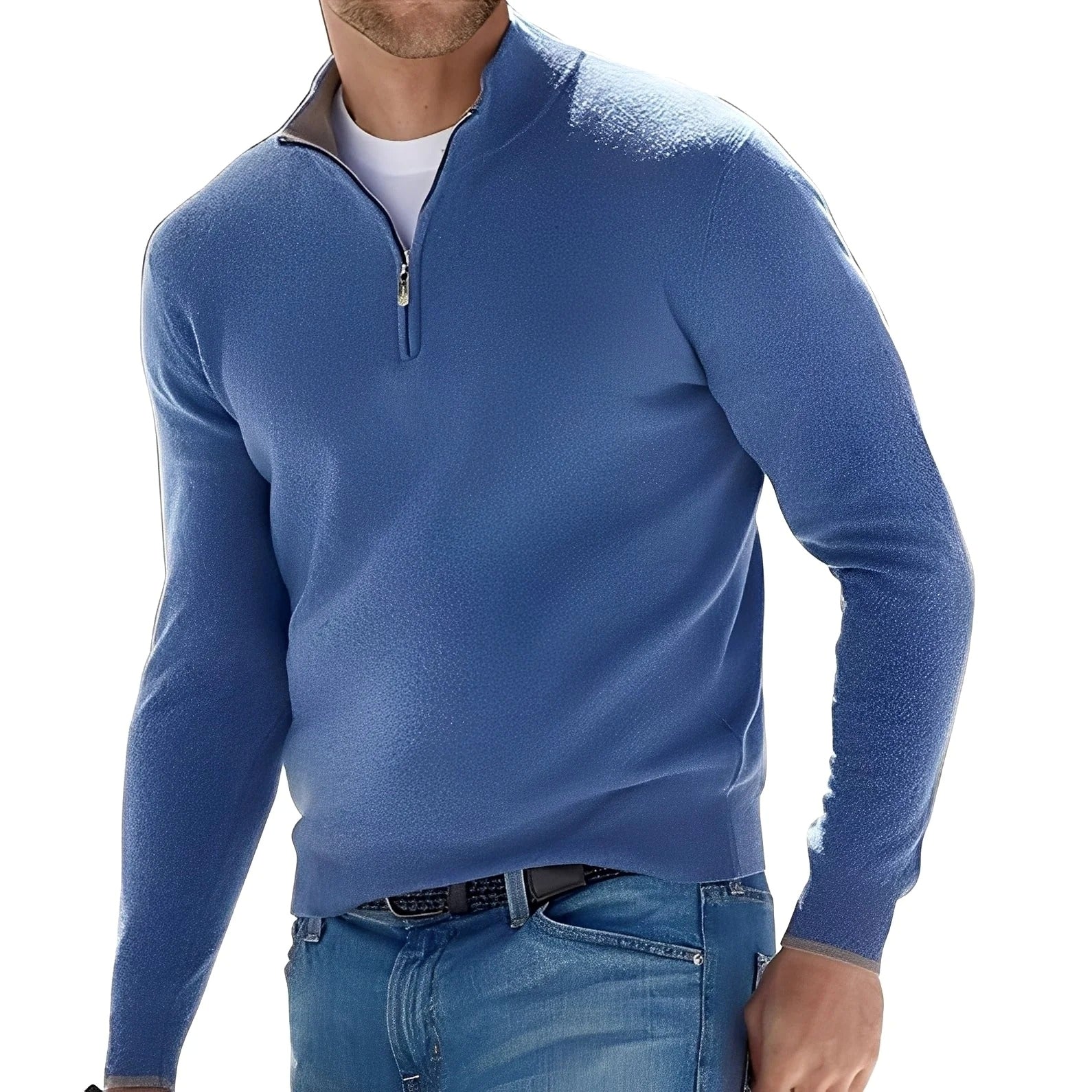 Men's long-sleeve quarter-zip mock neck sweater with ribbed trims