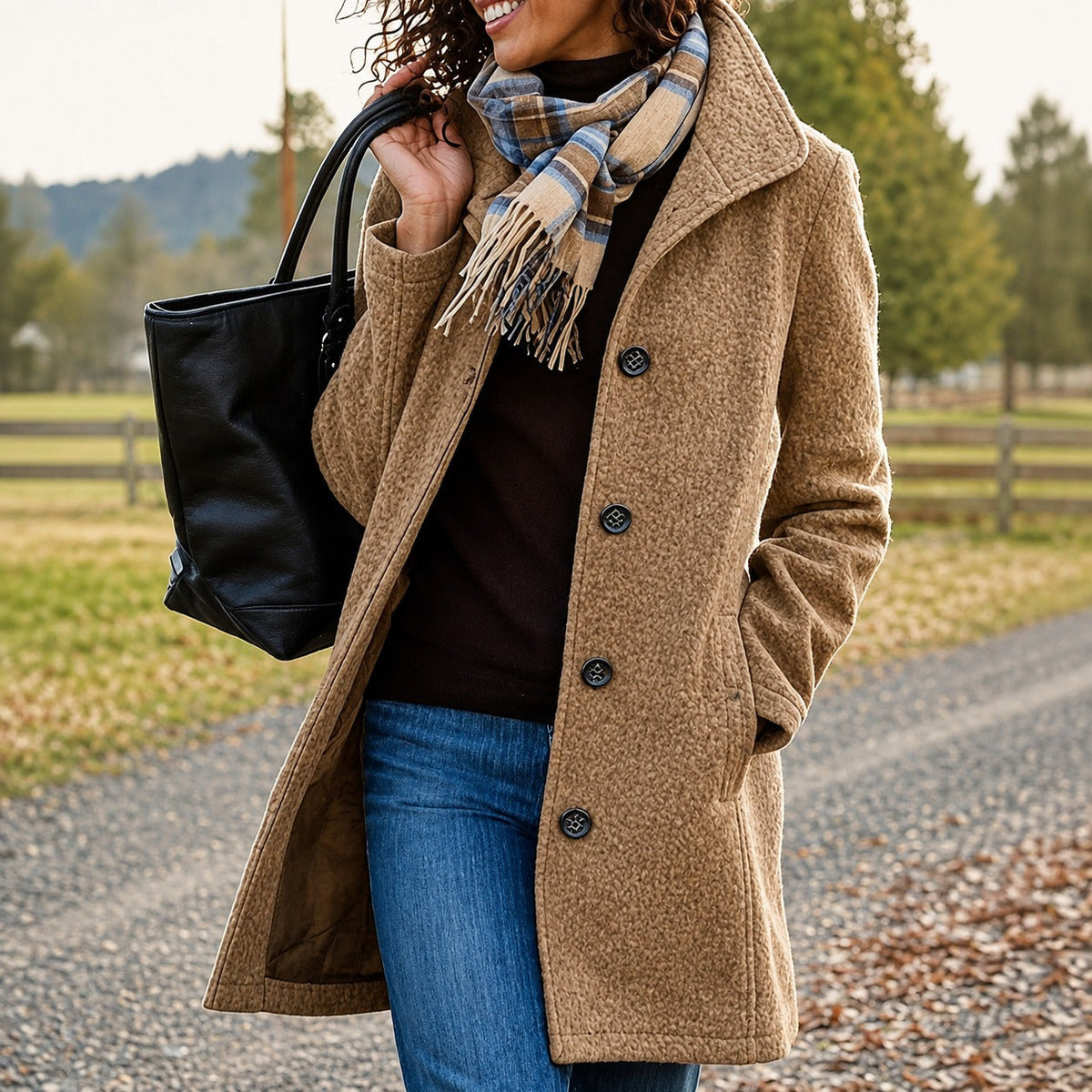 Women's textured mid-length button-front coat with wide collar and side pockets