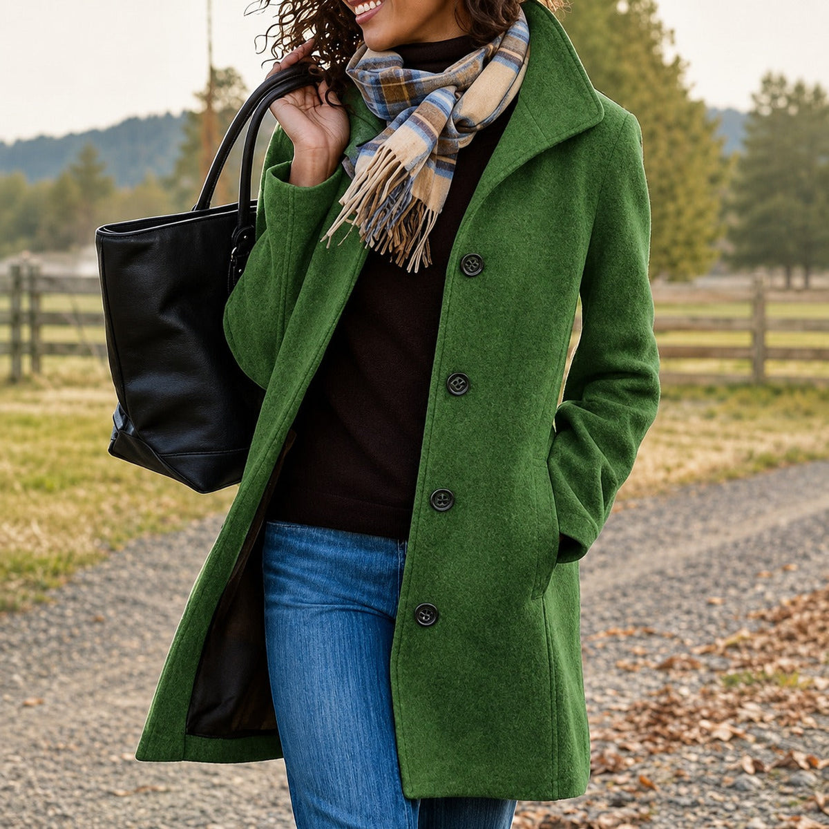 Women's textured mid-length button-front coat with wide collar and side pockets