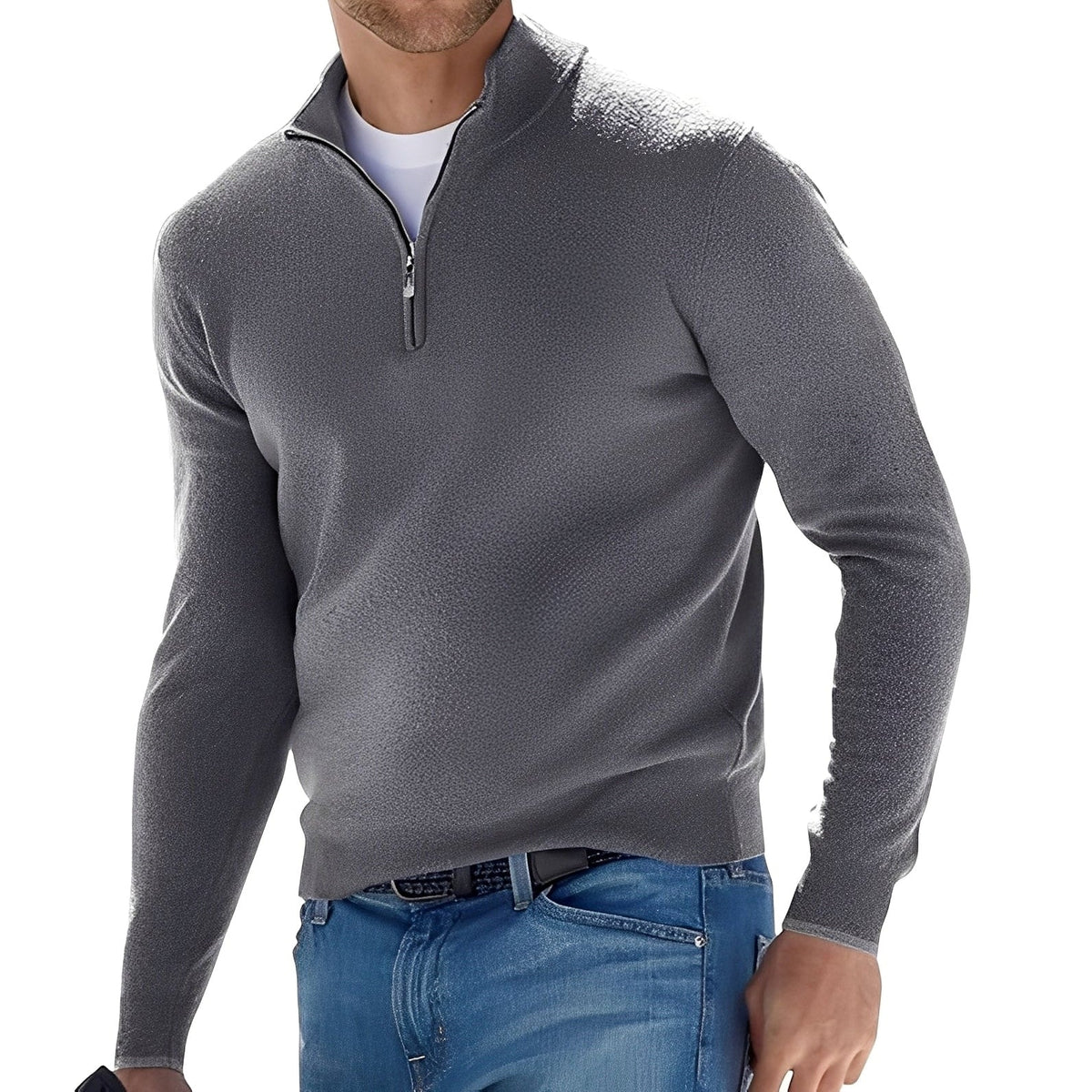 Men's long-sleeve quarter-zip mock neck sweater with ribbed trims