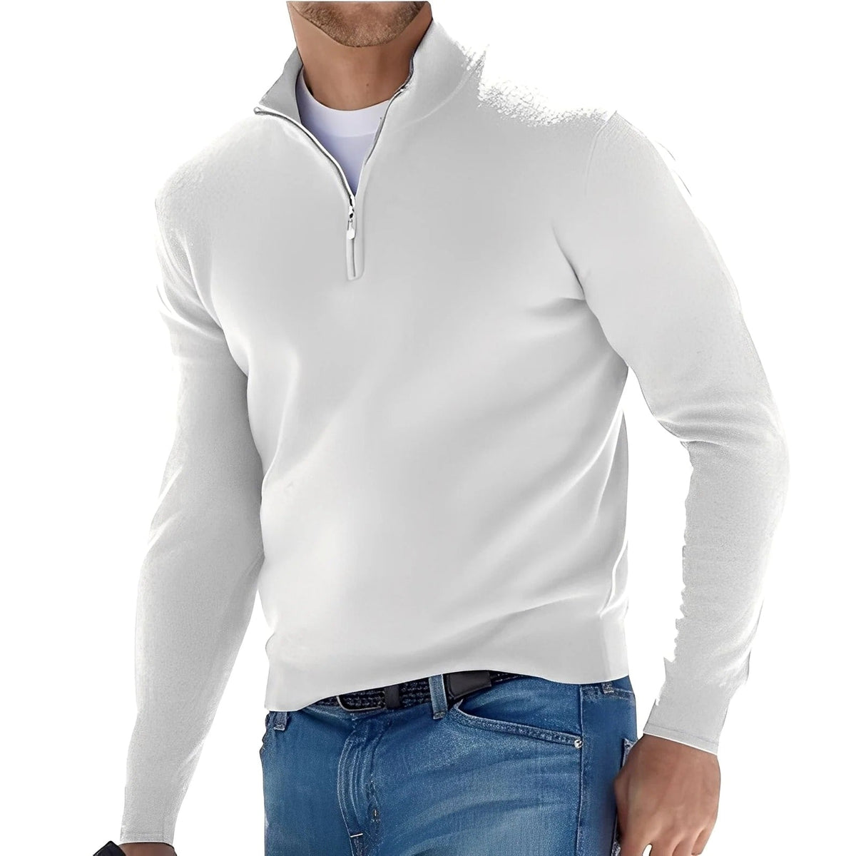 Men's long-sleeve quarter-zip mock neck sweater with ribbed trims