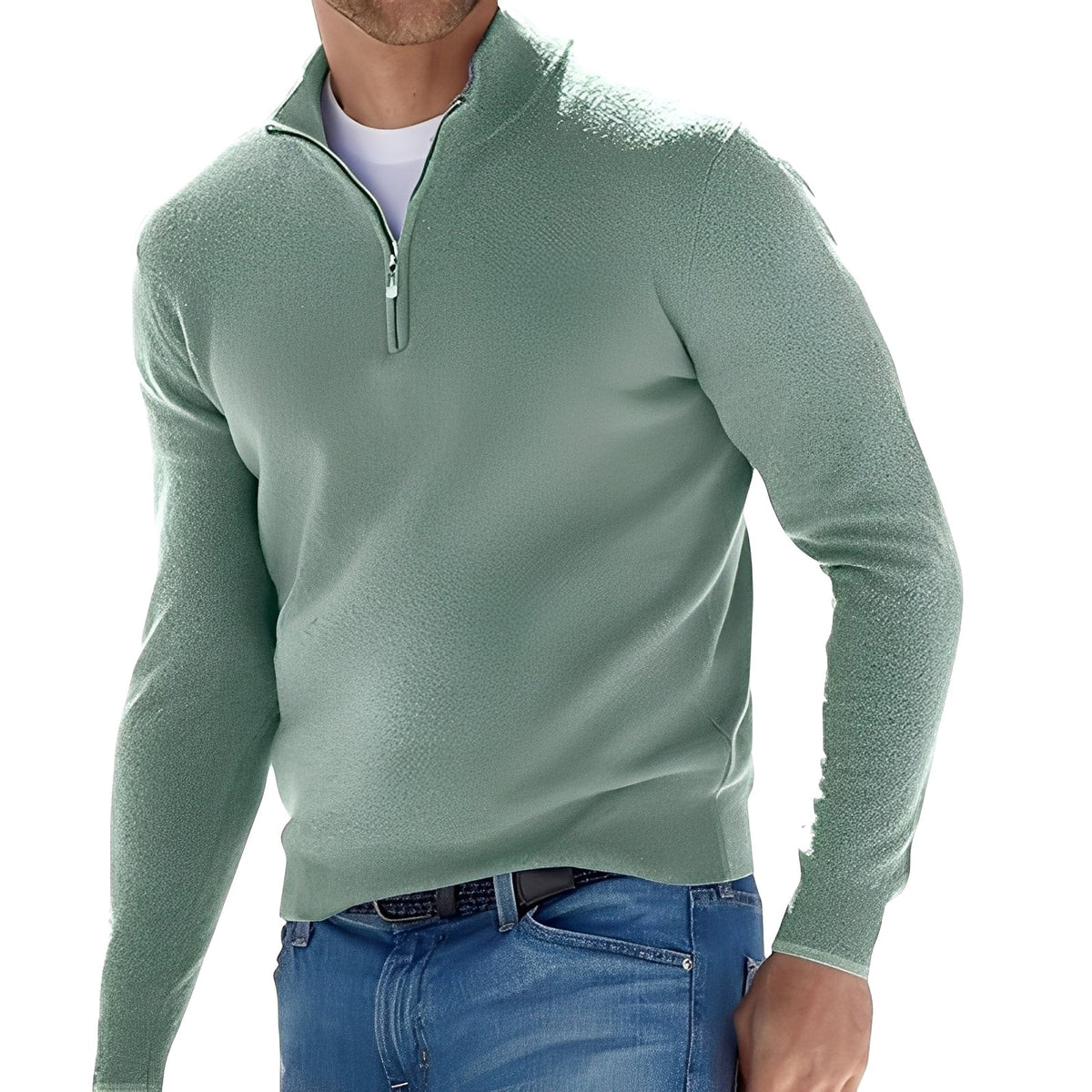 Men's long-sleeve quarter-zip mock neck sweater with ribbed trims
