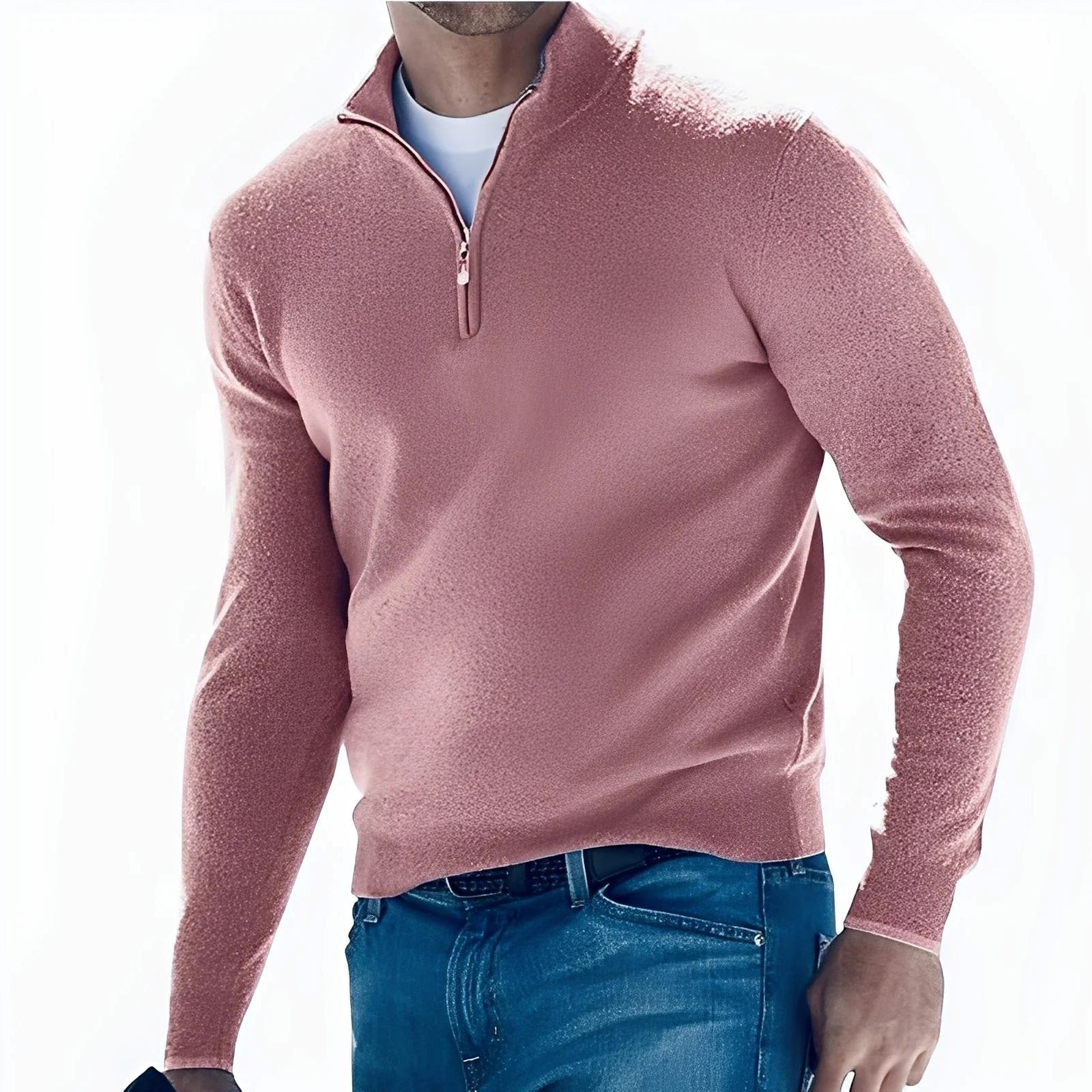 Men's long-sleeve quarter-zip mock neck sweater with ribbed trims