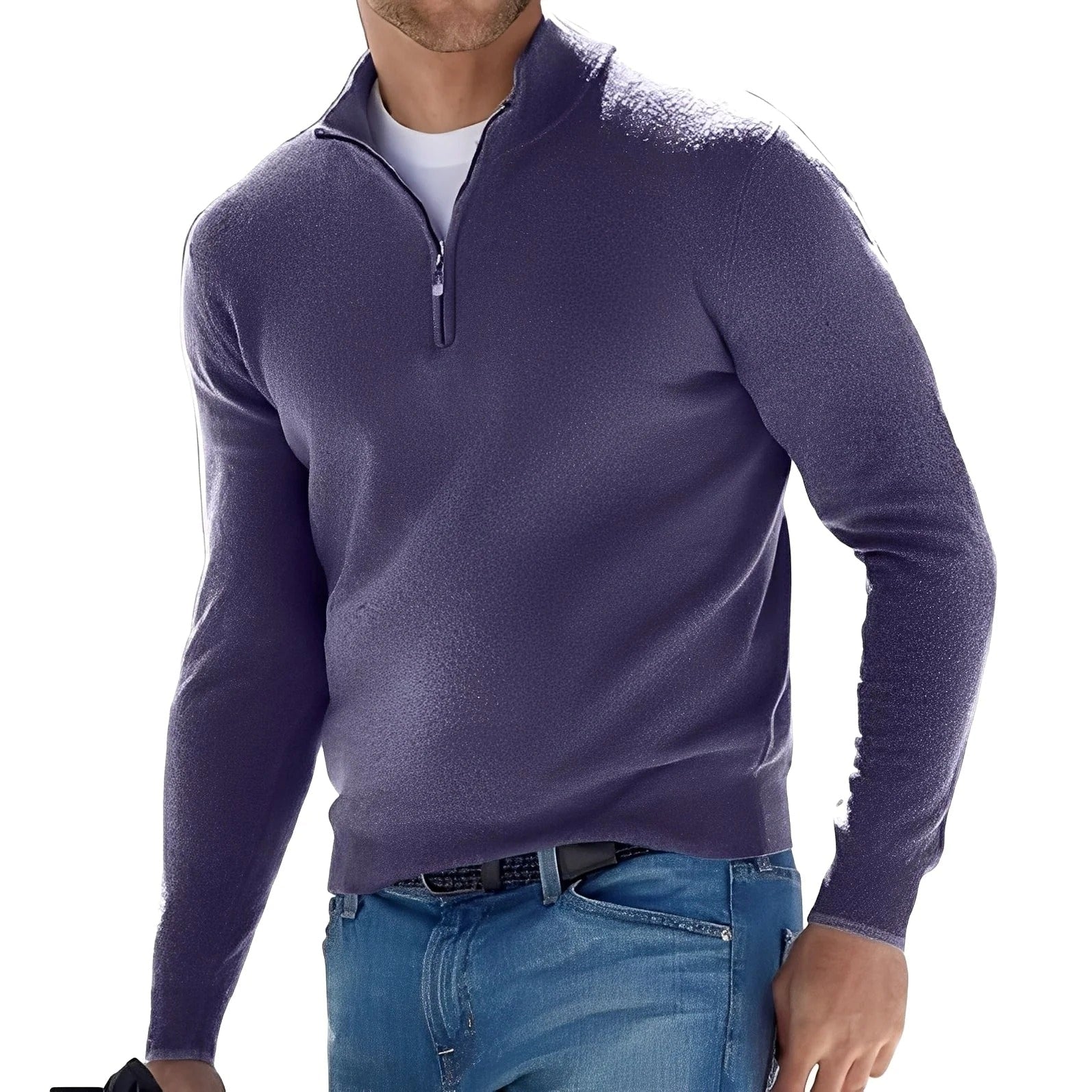 Men's long-sleeve quarter-zip mock neck sweater with ribbed trims