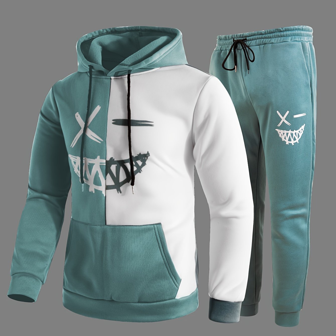Men's Tracksuit Hoodie Two-Piece Drawstring Joggers - Sage Blue