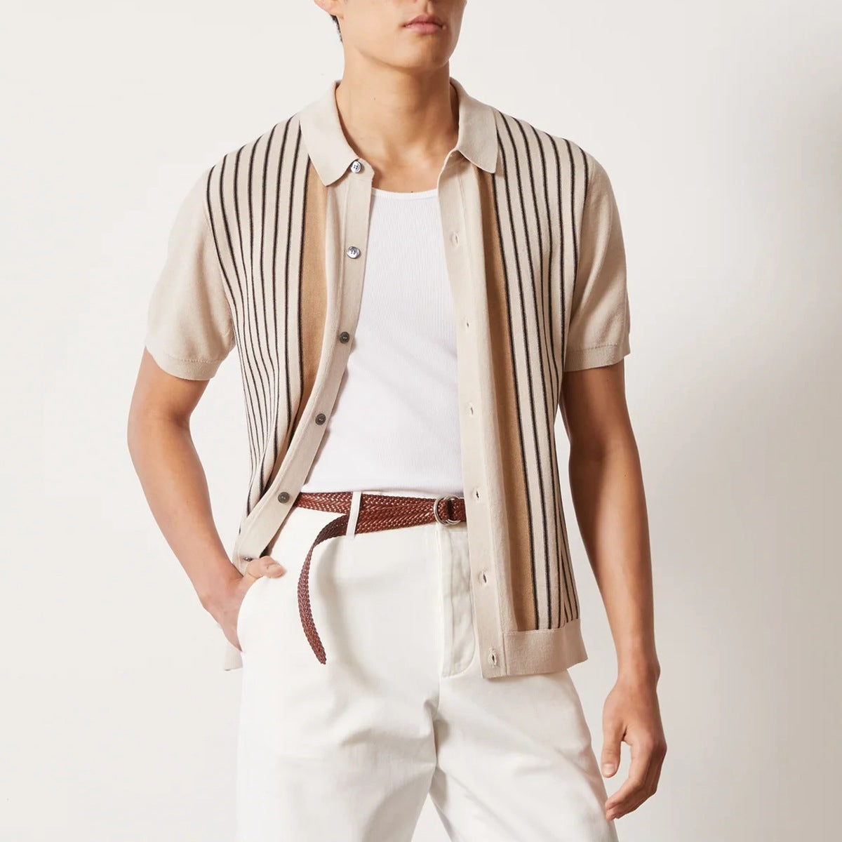 Men's beige knitted polo cardigan with vertical stripes and short sleeves