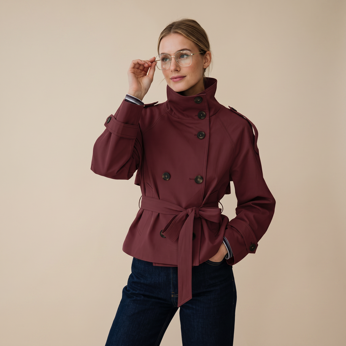 Women's belted trench coat with high collar and long sleeves