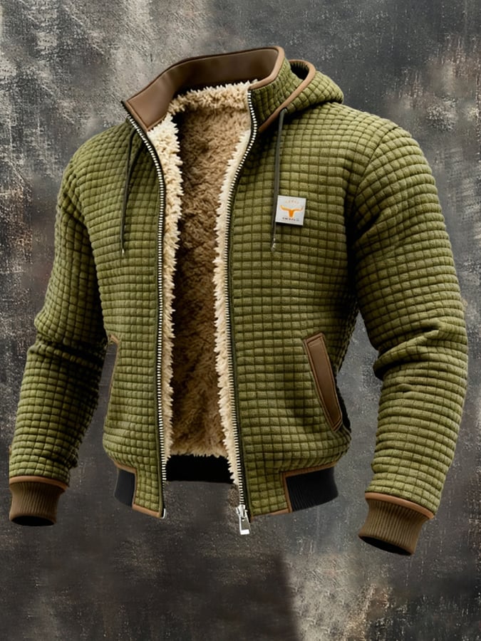Men's quilted hooded jacket with sherpa lining and zip fastening