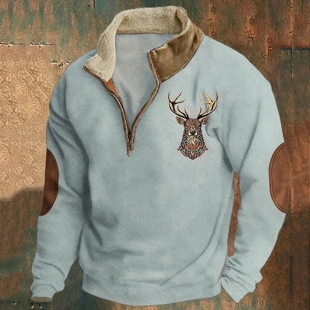 Men's quarter-zip pullover with deer embroidery, mock collar and elbow patches