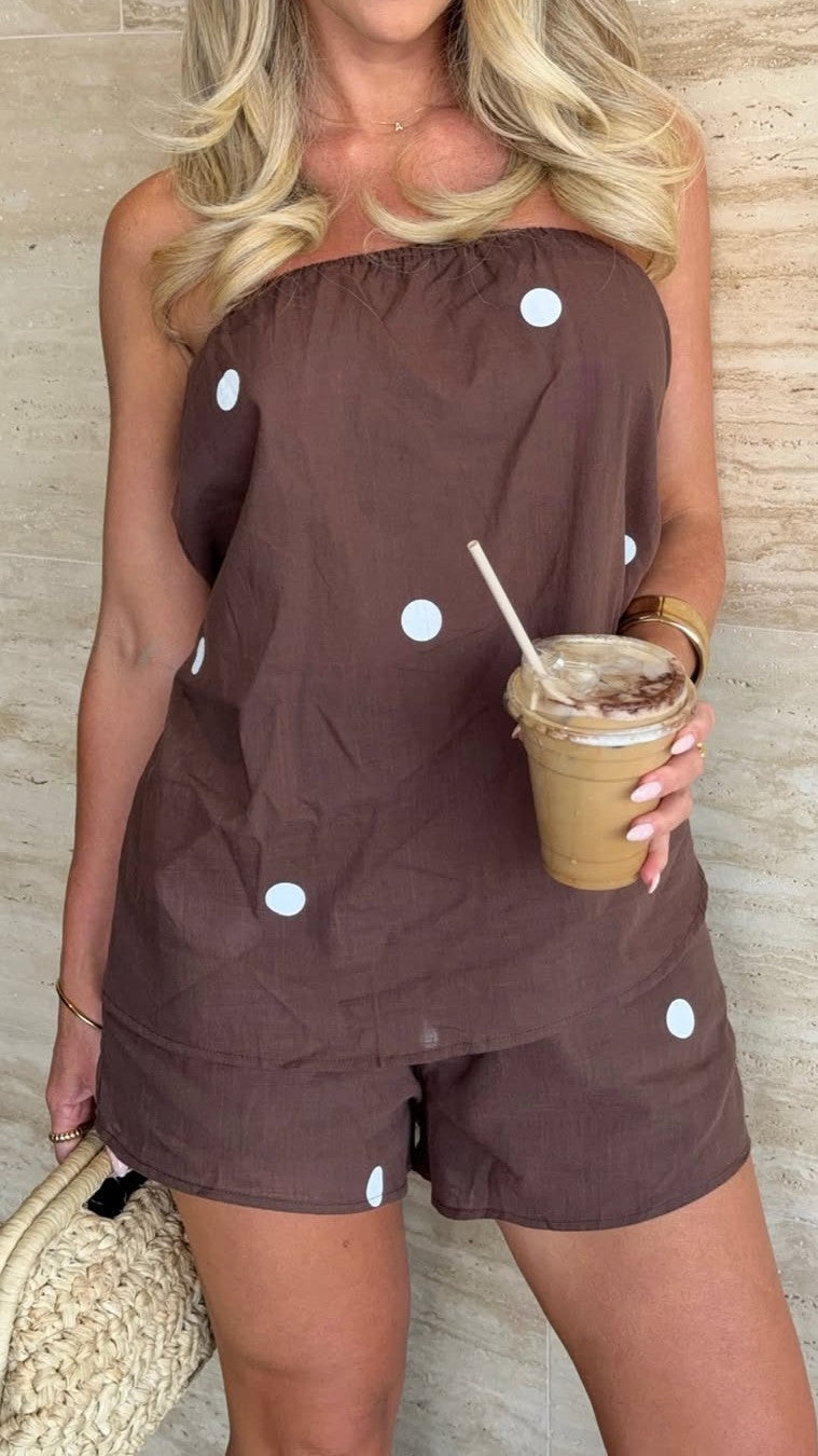 Women's Strapless Lounge Set Brown Polka Dot Elastic Fit