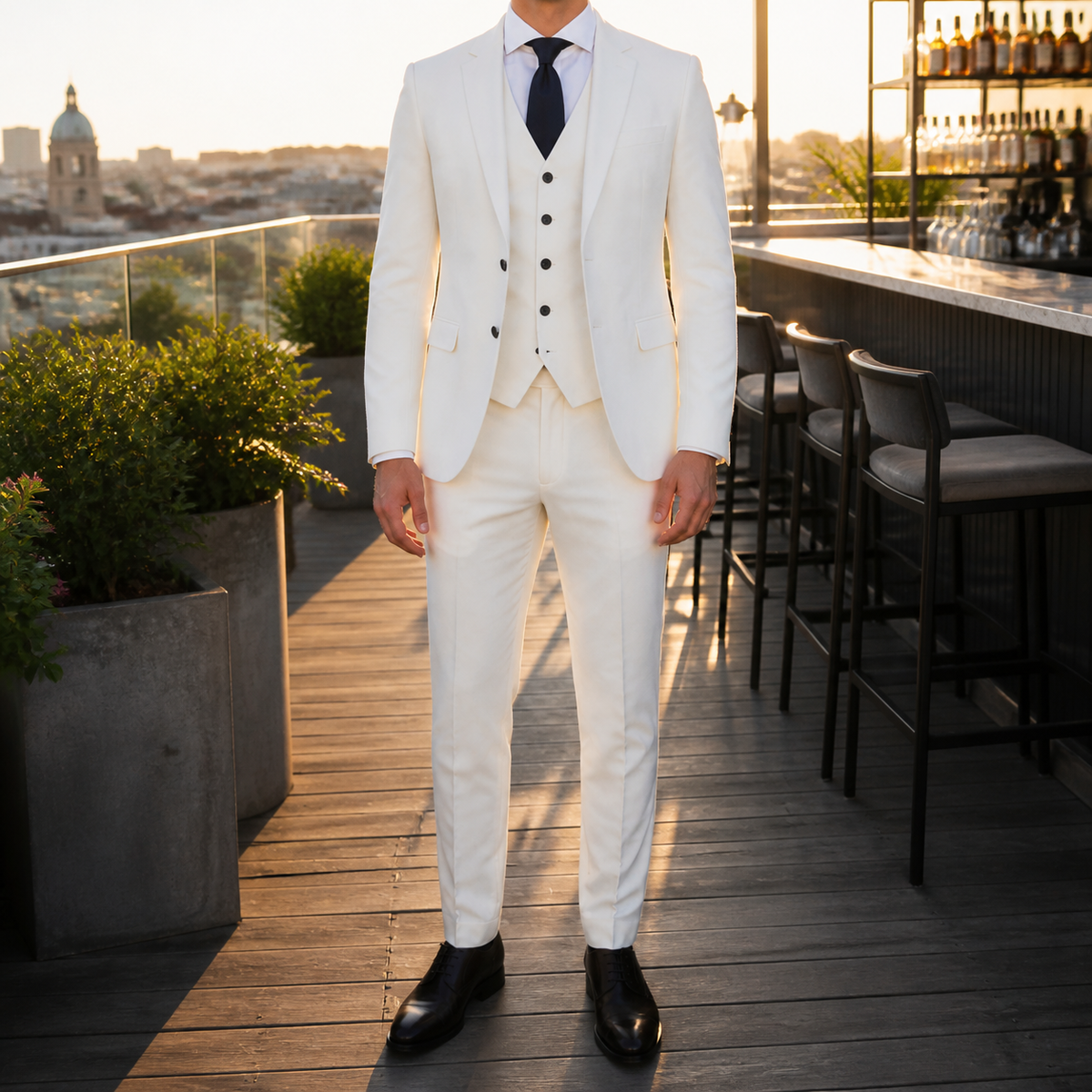 Men's three piece suit with fitted jacket, waistcoat and tailored trousers