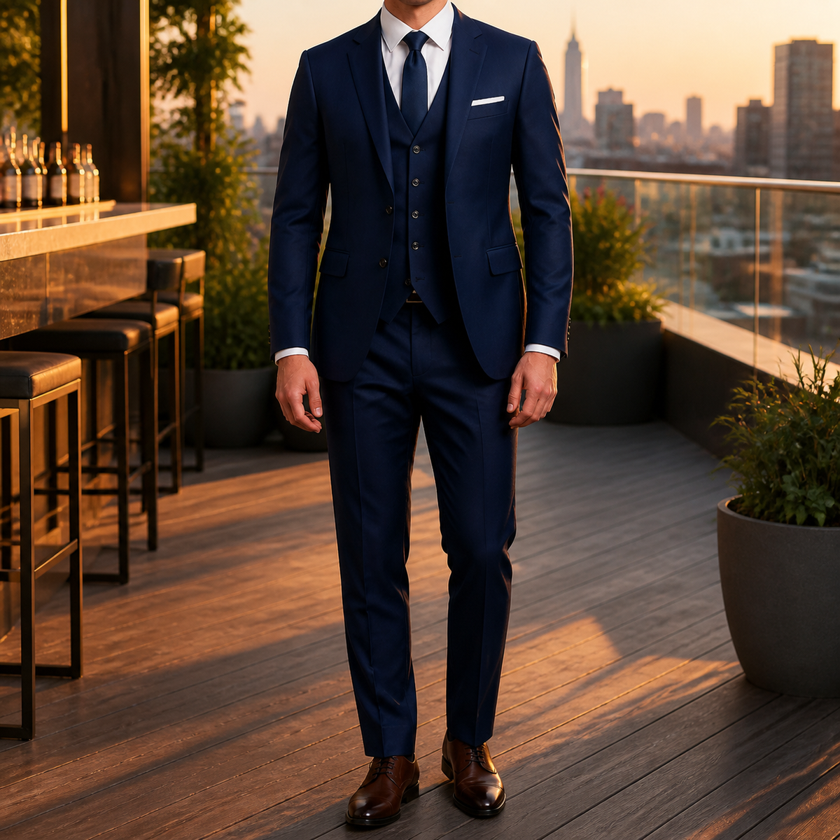 Men's three piece suit with fitted jacket, waistcoat and tailored trousers