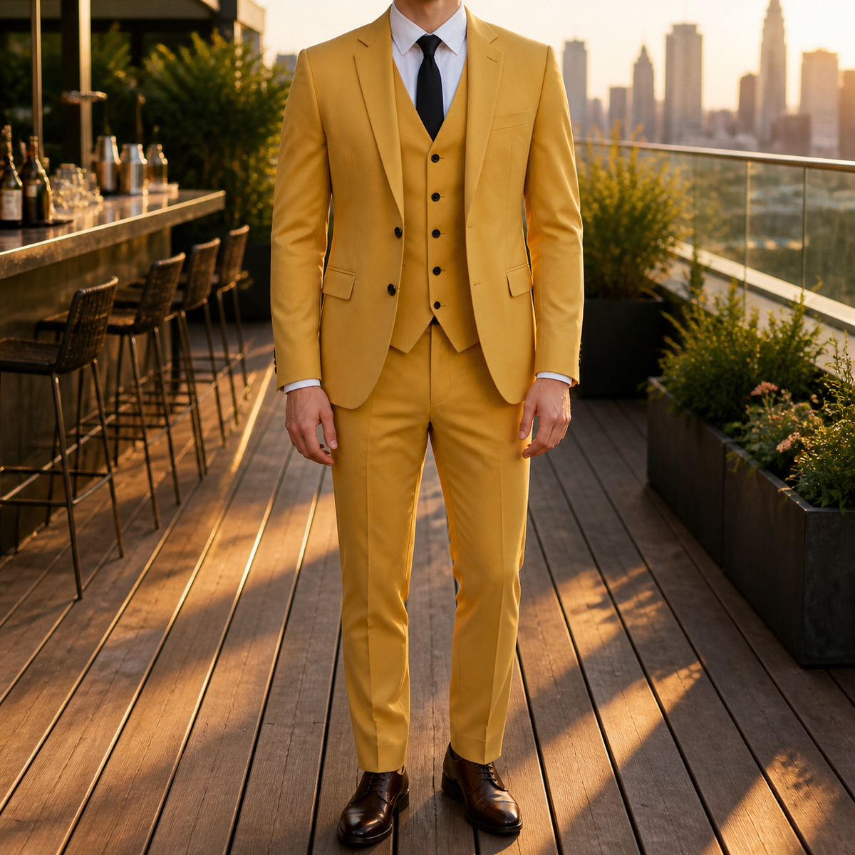 Men's three piece suit with fitted jacket, waistcoat and tailored trousers
