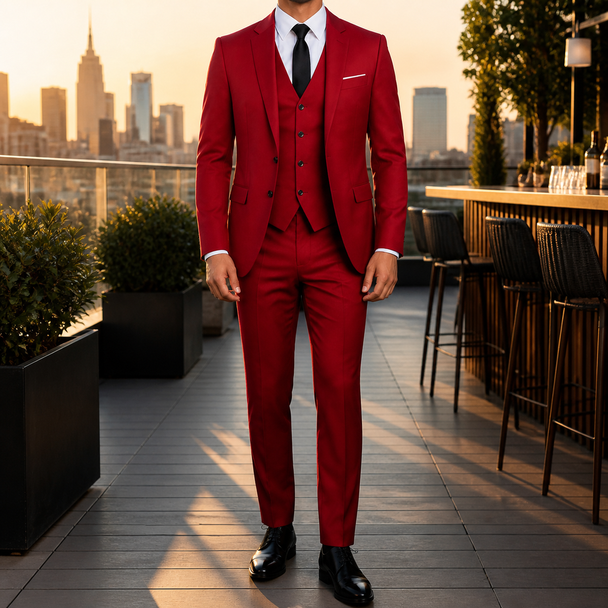 Men's three piece suit with fitted jacket, waistcoat and tailored trousers