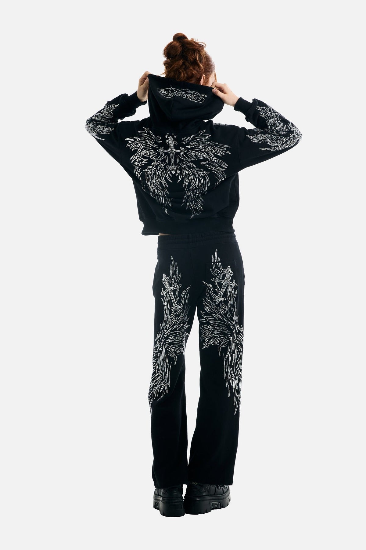 Black hoodie with silver rhinestone wing motifs, hood and zip front