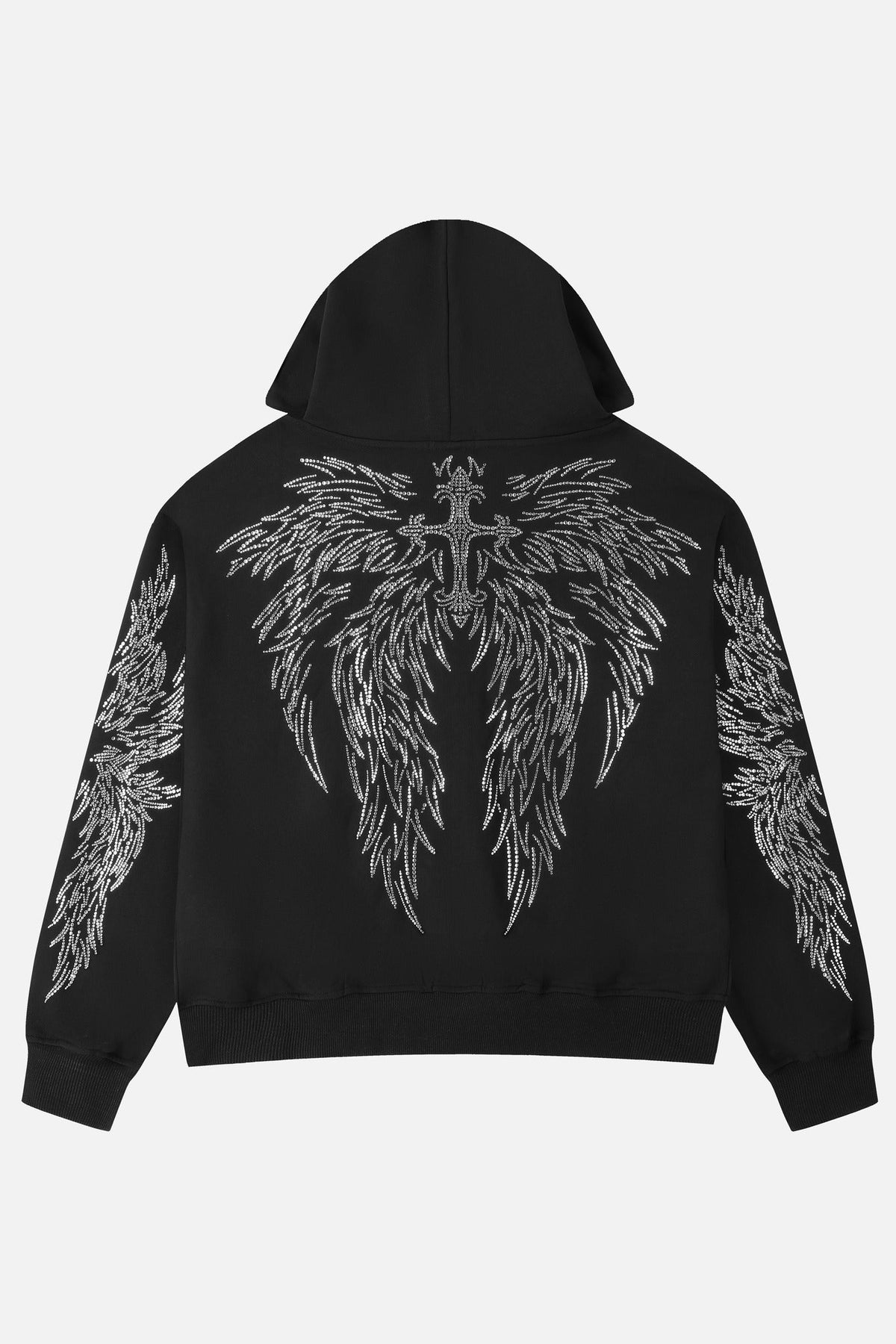 Black hoodie with silver rhinestone wing motifs, hood and zip front