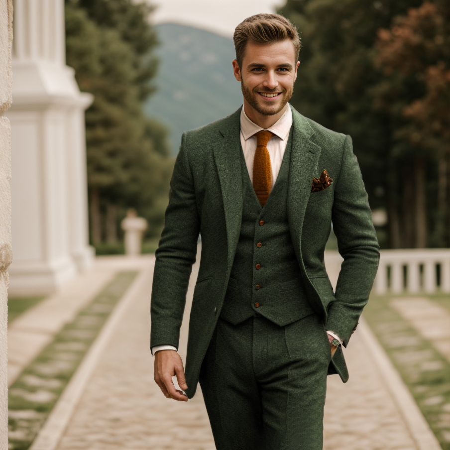 Men's three-piece textured suit with notch lapels, waistcoat and matching trousers