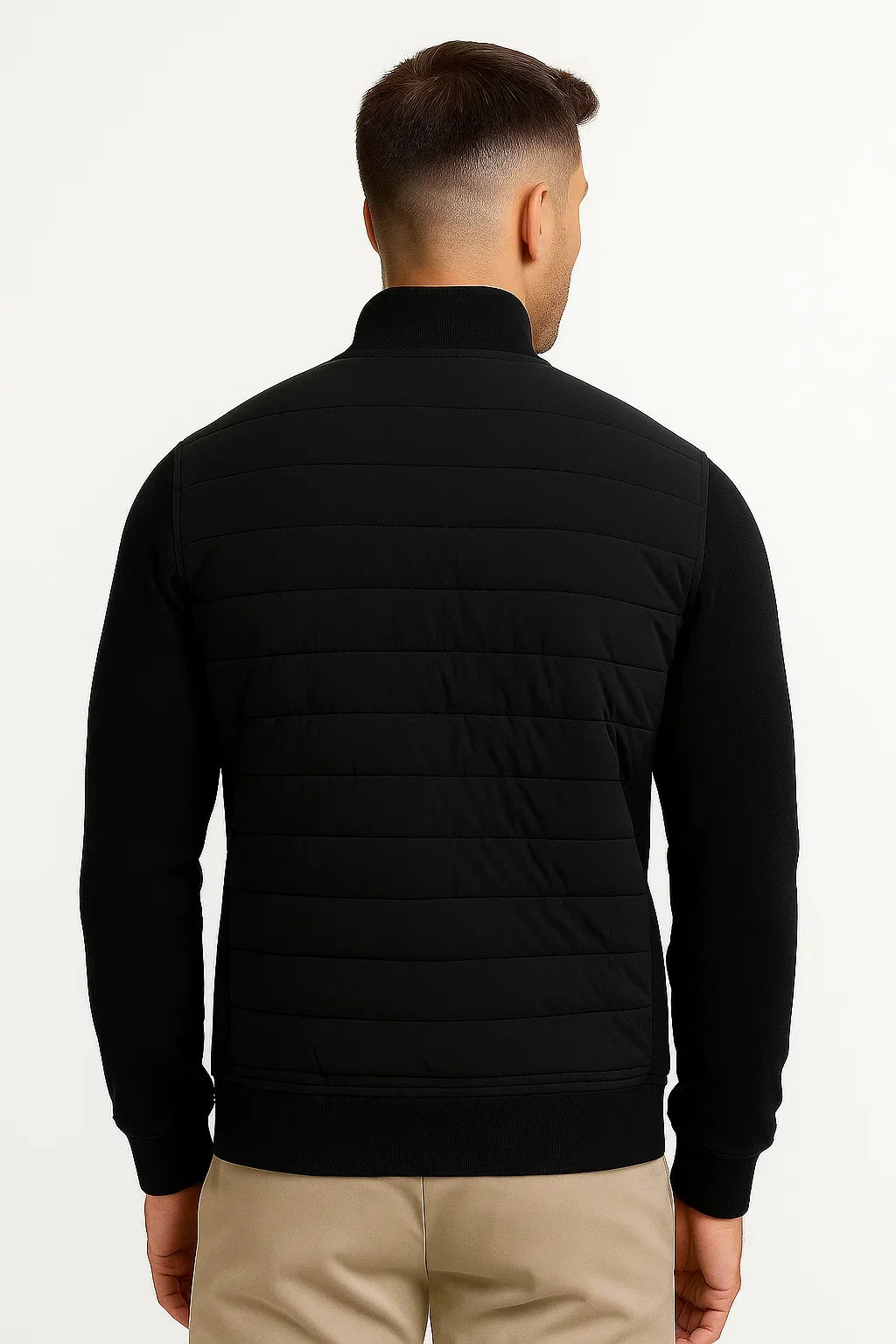 Men's hybrid jacket with quilted front, knitted sleeves and stand collar